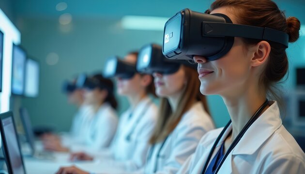 Group of young female students in white lab coats wear VR headsets, engaged in modern training facility. Conduct immersive virtual reality medical simulations, practicing complex surgical skills,