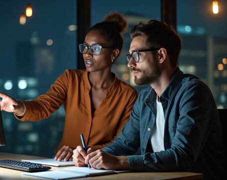 Business colleagues work late in office. Woman points at computer screen. Man writes notes during discussion at night. Team collaboration involves tech and planning.