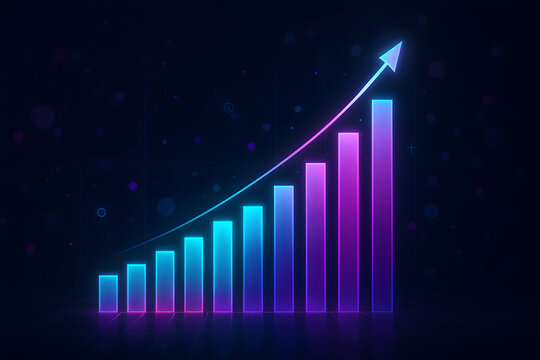 Glowing neon bar chart with rising arrow representing business growth financial success data analytics progress and futuristic digital technology