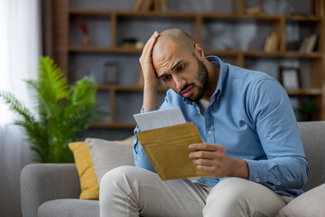Stressed man reading bad news in letter at home