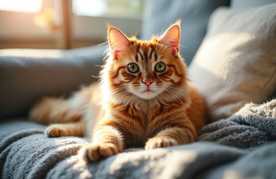 Ginger cat lounges on sofa blanket bathed in warm sunlight. This fluffy feline with green eyes rests comfortably indoors, looking directly at camera with relaxed demeanor.