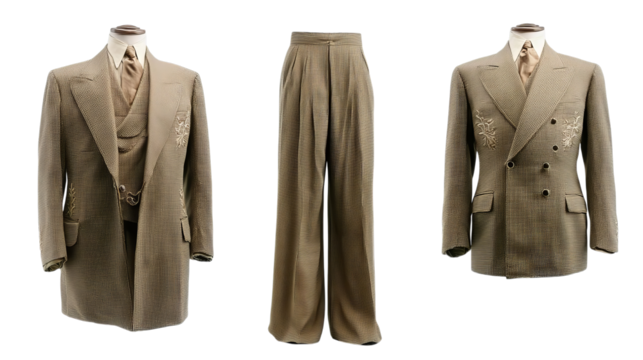 PNG of Elegant collection of men's formal suits in light beige, showcasing classic tailoring and intricate details.