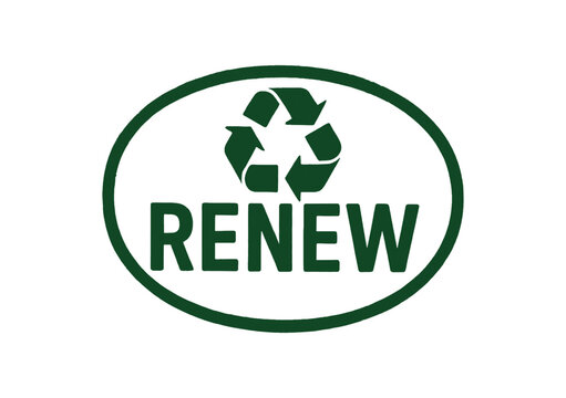 Renew symbol with recycle icon in green oval design for environmental awareness