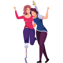 Two Women One With A Prosthetic Leg And Another With A Robotic Arm Embracing Happily Together With Arms Raised In Celebration And Joy Against A White Background
