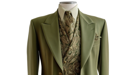 PNG of Elegant olive green suit with intricate detailing showcasing sophistication and style.