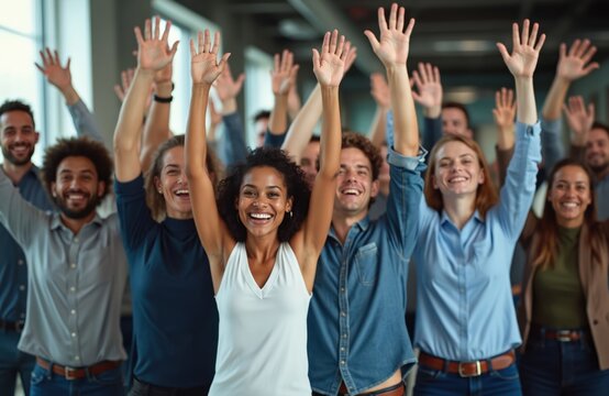 Diverse group of happy people raising hands together. Coworkers show unity and success in office setting. Team celebrates achievement with positive energy and smiles.