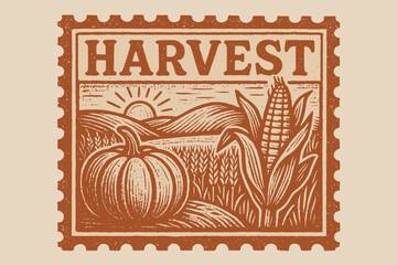 Obraz premium Vintage harvest stamp with pumpkin, corn, and sunrise in rustic style