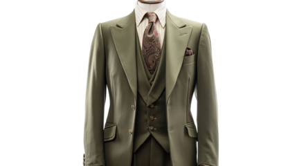 PNG of Elegant men's three-piece suit in olive green, featuring a classic fit and intricate paisley tie.