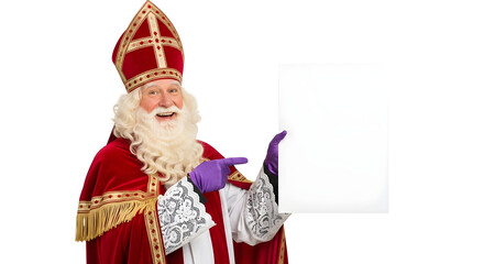 Fototapeta premium Sinterklaas, Dutch Saint Nicholas dressed in bishops red robe and decorative hat, pointing at blank white papier, placard. Celebration concept for children european party day five december.