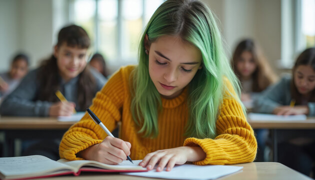 Teenage girl with green hair writes in notebook during class. Focuses on work, taking exam test at school desk. Young student learns, concentrating on education. Pupils study nearby, preparing for
