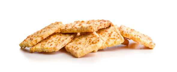 Crunchy salted crackers isolated on white background.