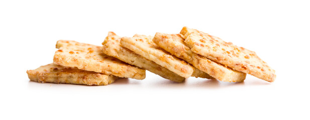 Crunchy salted crackers isolated on white background.