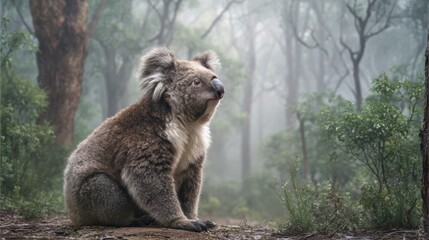 Koala sits on forest floor gazing upwards in beautiful misty Australian eucalyptus woodland.
