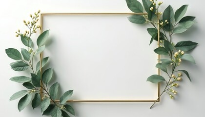 Gold frame adorned with green leaves and buds. Use this elegant border for invitations, cards, or event stationery. Ideal for weddings, birthdays, or celebrations.