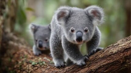 Obraz premium Front koala cub walks textured tree branch looking directly forward as second koala follows