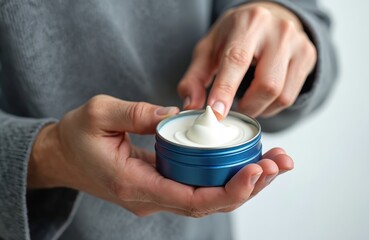 Man takes hair styling product from blue metal jar. Creamy white pomade or wax is visible. Closeup on hand and cosmetic container against grey background.