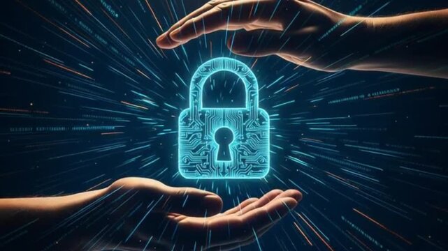 Digital Padlock Symbolizing Cybersecurity Protection: Glowing holographic padlock surrounded by protective hands representing digital safety, encryption, and secure data systems.