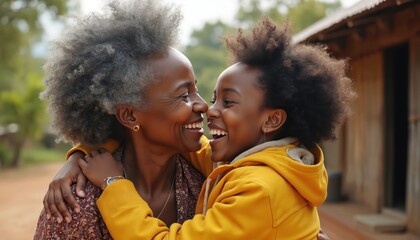 An African grandmother and granddaughter embrace sharing a loving moment outside. Both smile brightly showing their bond. The photo evokes warmth family connection and multigenerational relationships.