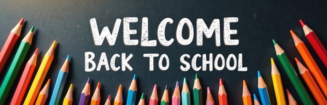 Color pencils frame text Welcome back to school on dark chalkboard. Bright array of writing tools signals start of academic year and learning. - Powered by Adobe