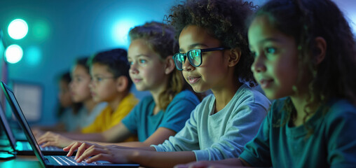 Diverse kids in modern computer lab learn tech skills. Young students focus on laptop screens, type on keyboards in dark room. Children explore coding, programming, digital literacy for future
