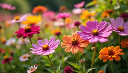 Fototapeta premium Vibrant colorful cosmos flowers bloom in sunny perennial garden field. Many pink, orange, purple, fuchsia daisy-like blossoms thrive outdoors under bright daylight. Beautiful floral scene fills green