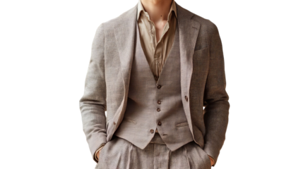 PNG of Stylish young man in a tailored light brown suit, exuding confidence and sophistication.