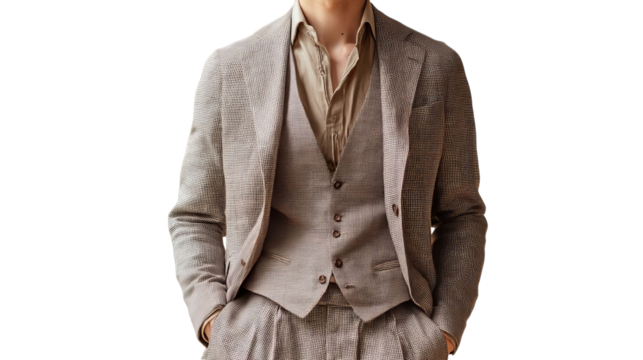PNG of Stylish young man in a tailored light brown suit, exuding confidence and sophistication.