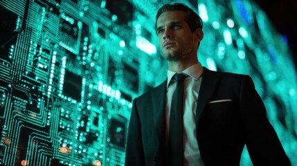 Fototapeta premium Young man in suit stands with determination, surrounded by glowing futuristic digital circuit design.
