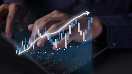 A focused individual types on a laptop in a sleek office setting, while digital graphs and stock market trends illuminate the scene, reflecting financial analysis. Copula - Powered by Adobe