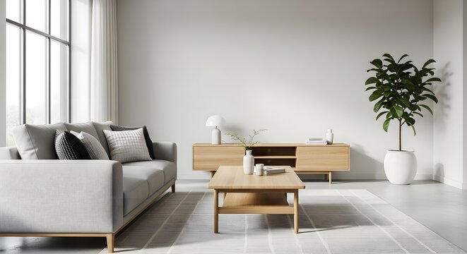 Modern living room interior design with sofa coffee table and plant for home decor ideas style