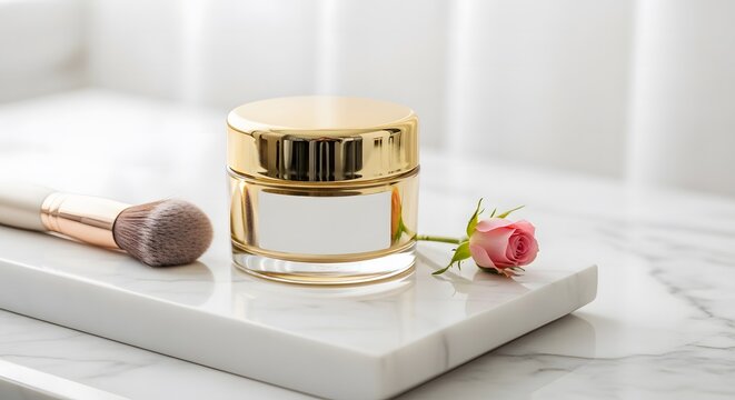 Supplement Beauty ,Collagen, Luxury skincare beauty product mockup with gold lid, makeup brus