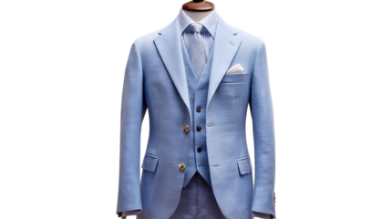 PNG of A stylish light blue three-piece suit tailored for elegance and sophistication.