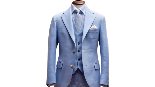 PNG of A stylish light blue three-piece suit tailored for elegance and sophistication.