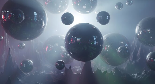 Abstract futuristic background with floating black spheres and dark landscape concept art design