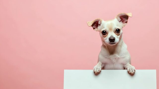 A small dog with perked ears and attentive eyes is positioned on a white platform, gazing off to the side. The backdrop is a uniform soft pink color.