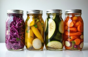 Glass jars filled with pickled red cabbage yellow squash zucchini and carrots. Preserved vegetables are ready for eating or storage. Healthy homemade food for pantry.