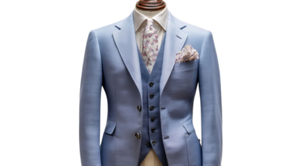 PNG of Elegant light blue men's suit with a floral tie and pocket square, perfect for formal occasions.