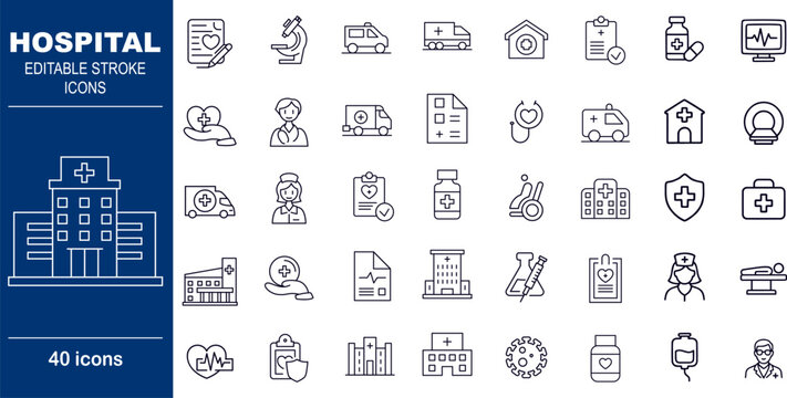 Hospital and Medical Services Vector Icons. Set of 40 editable stroke symbols for healthcare, emergency care, and medical treatment. Includes building, ambulance, and equipment