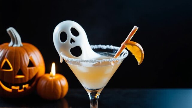 Spooky Halloween cocktail with a ghostly face as garnish, perfect for a themed party or fall celebration