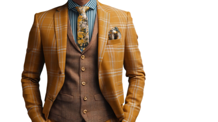 PNG of Stylish man in a yellow checked suit with a floral tie, showcasing modern fashion elegance.