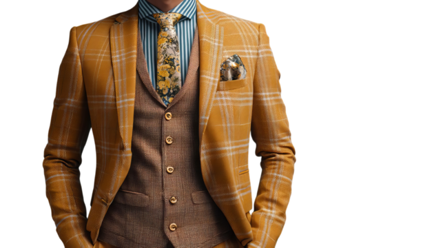 PNG of Stylish man in a yellow checked suit with a floral tie, showcasing modern fashion elegance.