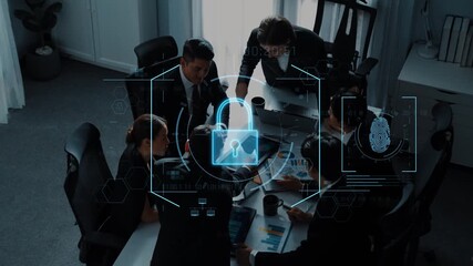 A diverse team of business professionals engages in a crucial meeting about security strategies, enhanced by digital visuals of locks and biometrics in a vibrant office space. Raster - Powered by Adobe