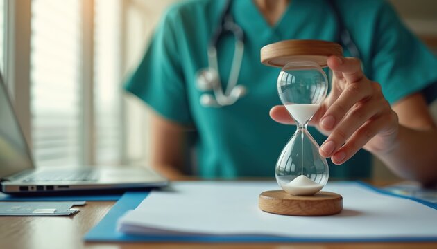 Doctor with stethoscope holds hourglass showing time passing. Desk with laptop and medical chart reflects urgent care need. Time is money concept in medicine.