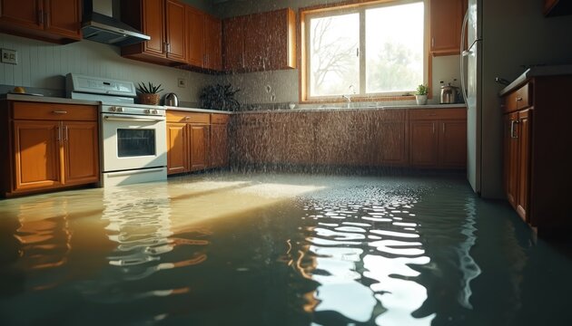 Flooded kitchen with standing water on floor and cabinets. Water damage caused by leak or storm, requires cleanup and repair. Home insurance claim context.