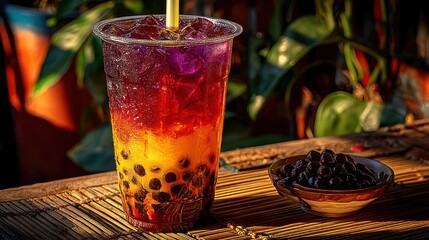 A vibrant layered beverage with colorful tapioca pearls, showcasing a captivating blend of flavors and textures.