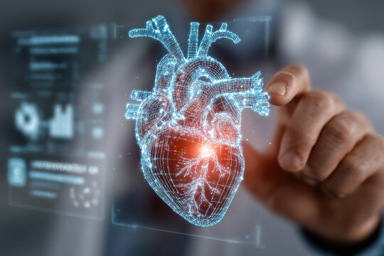 A doctor's hand studies a projection of a human heart on a holographic screen.