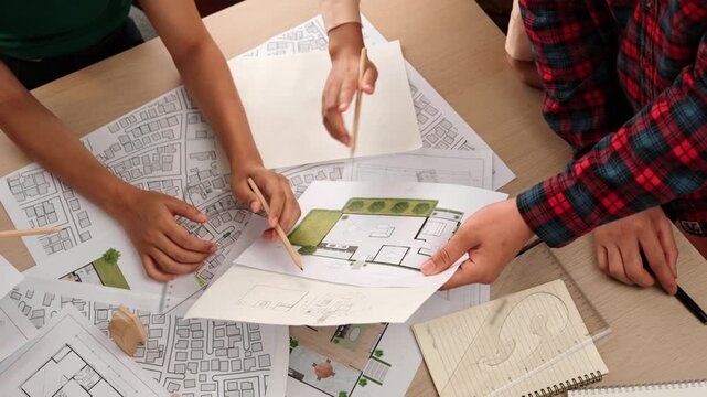 Smart architect and safety engineer discussion about building blueprint on table with architectural document, measurement tools and wooden block scatter around at modern office. Closeup. Delineation.