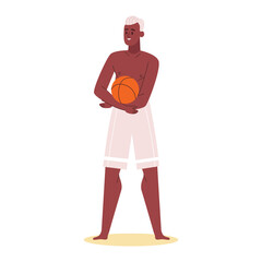 Athletic Man with White Hair Holding Basketball Shirtless Wearing White Shorts Standing on Sandy Ground with Transparent Background