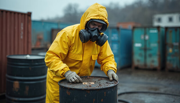 Worker in yellow hazmat suit and gas mask inspects rusty barrel at toxic waste disposal site. Industrial setting with containers, gray sky suggests hazardous material handling and safety precautions.