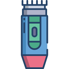 Close Up Flat Icon of a Blue and Red Electric Hair Trimmer with Green and Purple Accents on a Transparent Background
